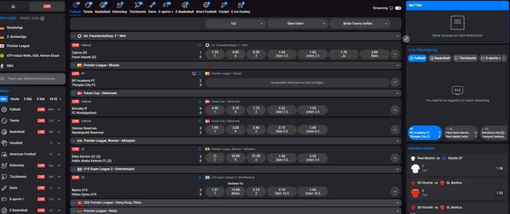 JaaBet Live Sportwetten Bereich mit aktuellen Quoten