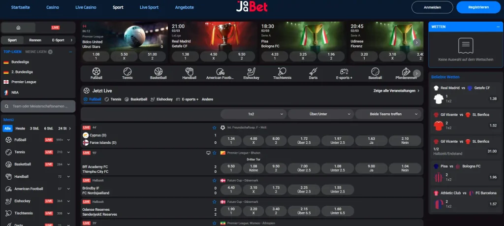 Sportwetten Angebot bei JaaBet mit internationalen Ligen